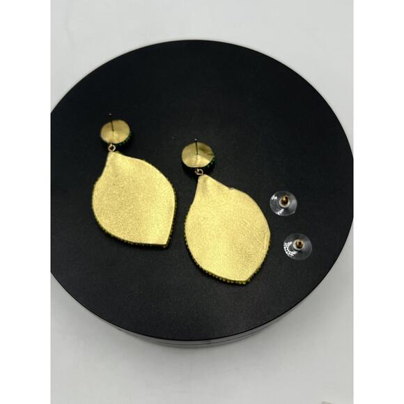 Lemon Hand Made Yellow Green Seed Beads Dangle Pierced Green Rhinestone Earrings - Picture 7 of 9